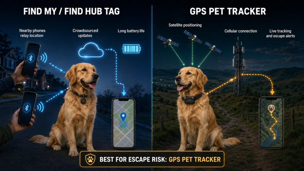 Find My tracker vs GPS pet tracker diagram