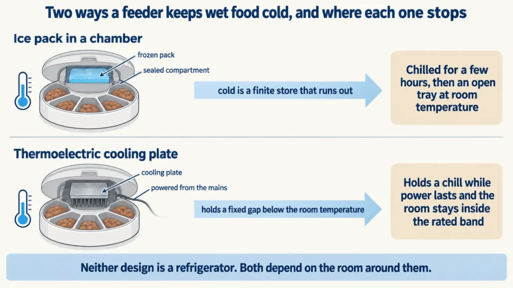 Diagram comparing ice pack cooling and thermoelectric cooling in automatic wet food feeders