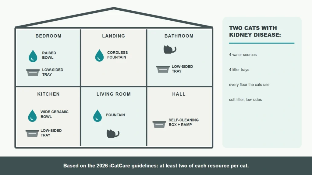Floor plan of a two-storey home showing four water sources and four litter trays for two cats with kidney disease, spread across both floors