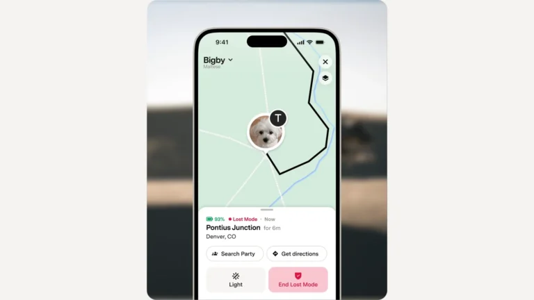 Fi app in Lost Mode on a phone, showing a dog's route on a map with Search Party, Get directions, Light and End Lost Mode buttons