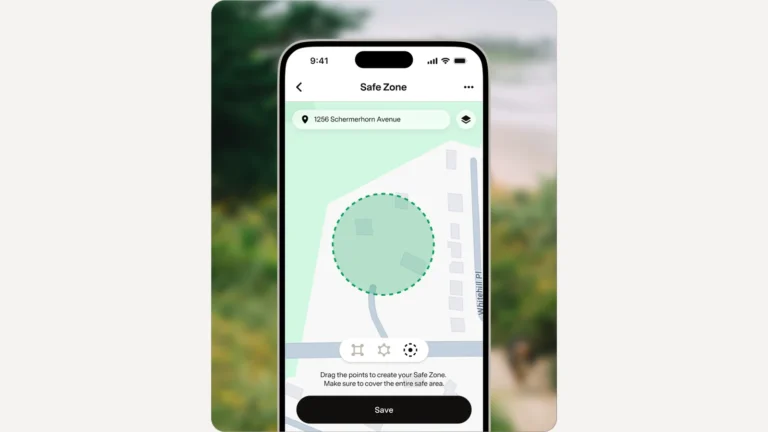 Fi app Safe Zone screen on a phone, with a circular green zone drawn over a street map and a Save button