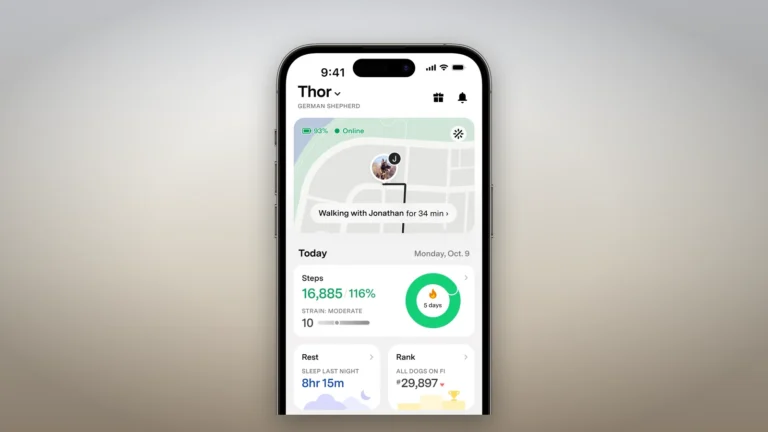 Fi app home screen showing a dog profile, live map with a walk in progress, daily steps, rest and rank