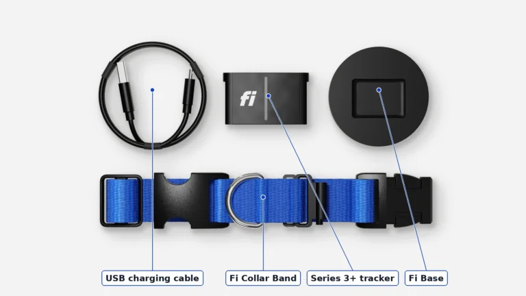 Fi Series 3+ tracker, round Fi Base, USB charging cable and blue Fi collar band laid out flat