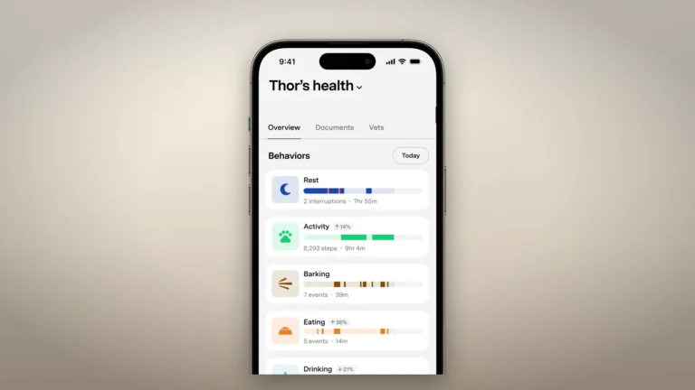 Fi app health screen listing rest, activity, barking, eating and drinking behavior timelines for a dog