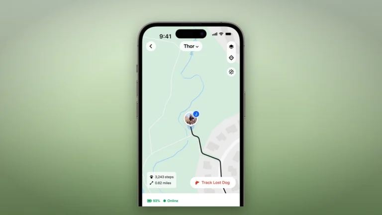 Fi app live map showing a dog on a trail with step count, distance, battery level and a Track Lost Dog button