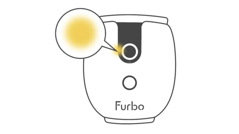 Line diagram of the Furbo Mini 360 from the front, with the status indicator beside the camera lens enlarged to show it glowing yellow