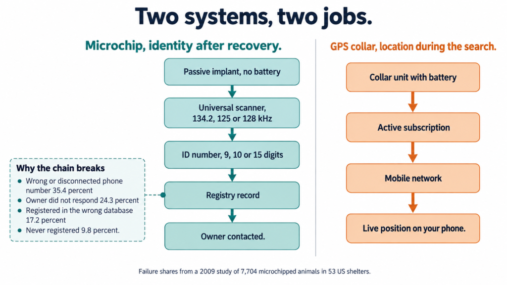 Diagram showing how a passive pet microchip returns an identification number that leads to a registry record, alongside how a GPS collar reports live location.