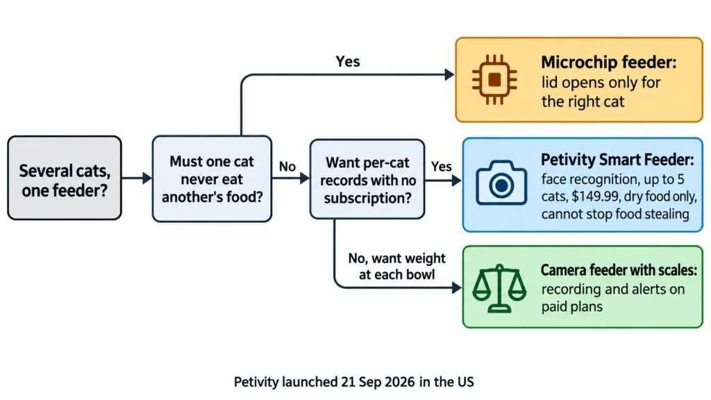 Decision diagram comparing the Petivity Smart Feeder, a camera feeder with paid plans and a microchip feeder for multi-cat homes.