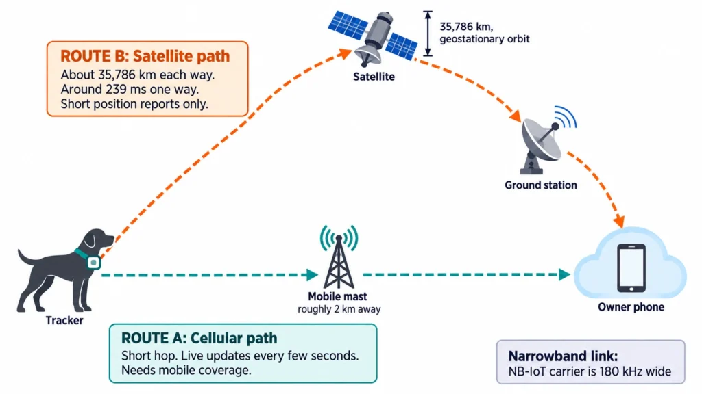 Comparison of a cellular pet tracker path through a nearby mast and a satellite pet tracker path via a geostationary satellite 35,786 km away.