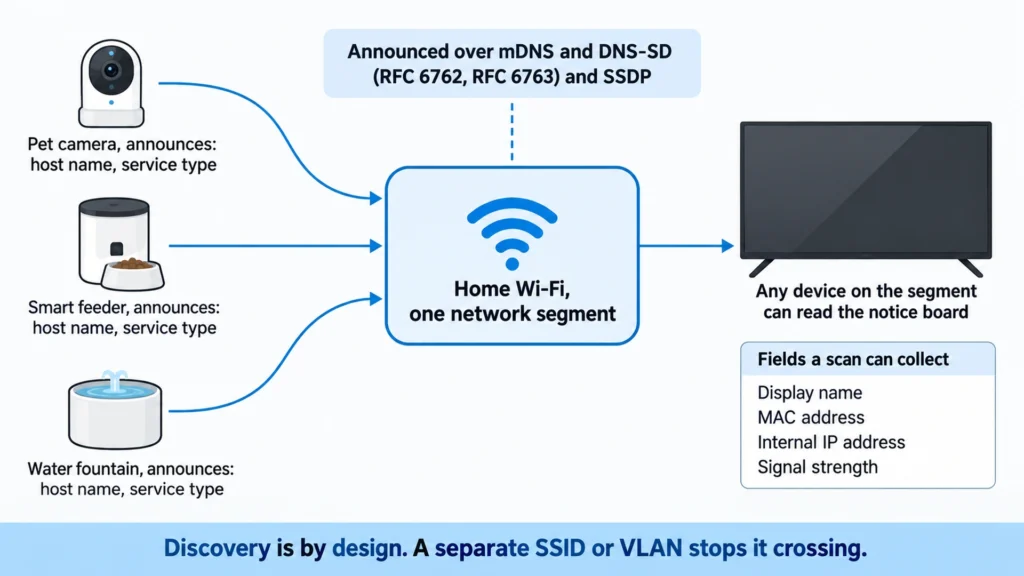 Diagram showing how pet devices announce their names on a home network and which fields a scanning device can read