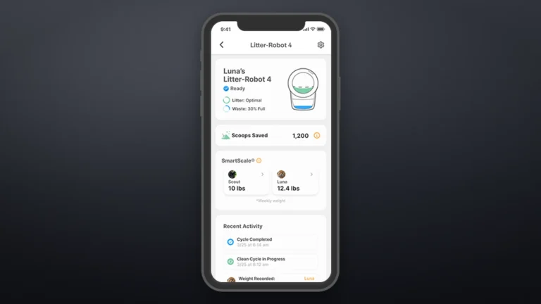 Whisker app screen for a Litter-Robot 4 showing ready status, litter and waste levels, SmartScale weights for two cats and a recent activity list