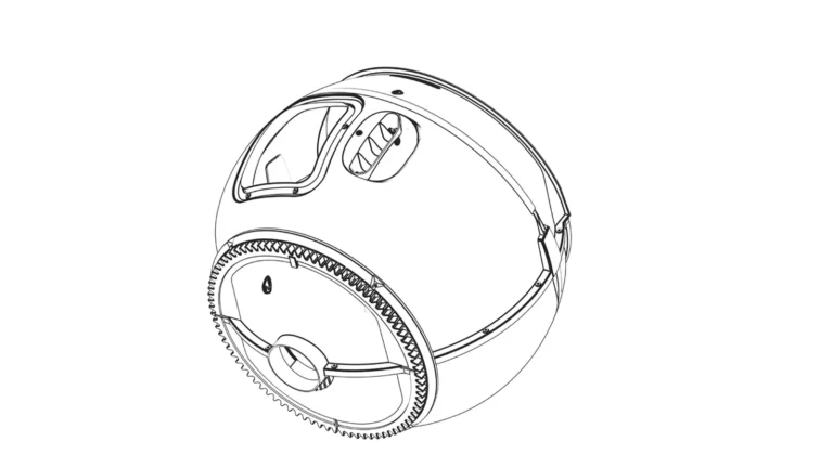 Technical line diagram of the Litter-Robot 4 globe seen from the rear, showing the toothed gear track that drives rotation and the opening through which waste falls