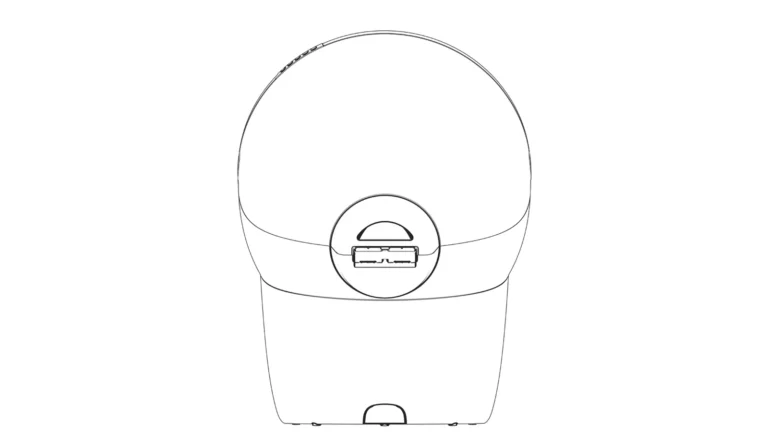 Technical line diagram of the Litter-Robot 4 seen from behind, showing the globe, the pedestal base and the power inlet