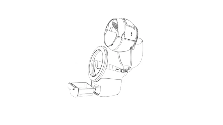 Exploded technical line diagram of the Litter-Robot 4 showing the bonnet, the globe, the base and the waste drawer pulled out of the base
