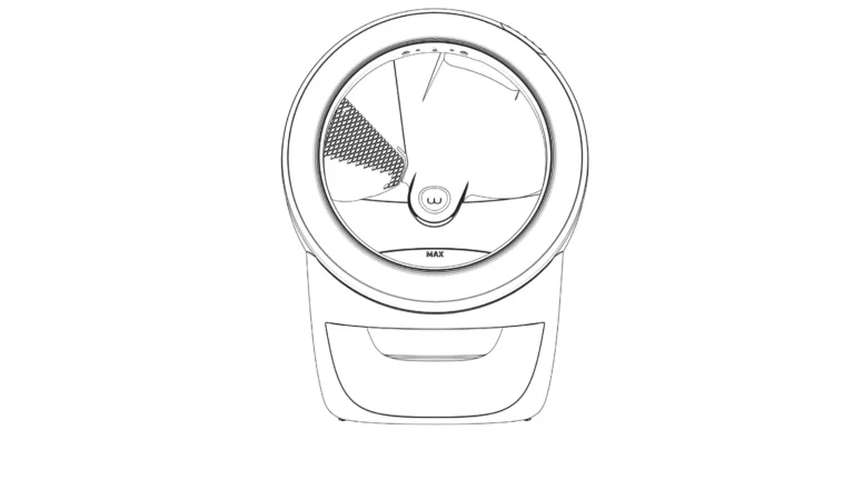 Technical line diagram of the Litter-Robot 4 seen from the front, showing the circular entryway, the interior screen and the waste drawer in the base