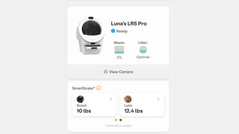 Whisker app screen for a Litter-Robot 5 Pro showing Ready status, waste drawer and litter level gauges, a View Camera button and SmartScale weights for two cats