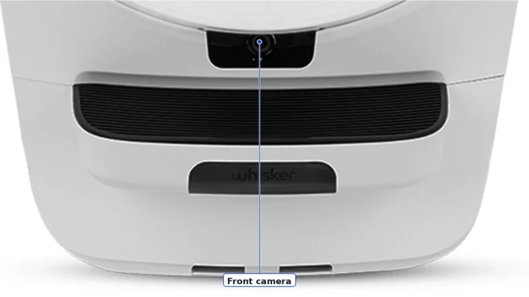 Lower front of the white Litter-Robot 5 Pro with the front camera below the globe, the dark step and the Whisker-branded waste drawer handle, with a Front camera label