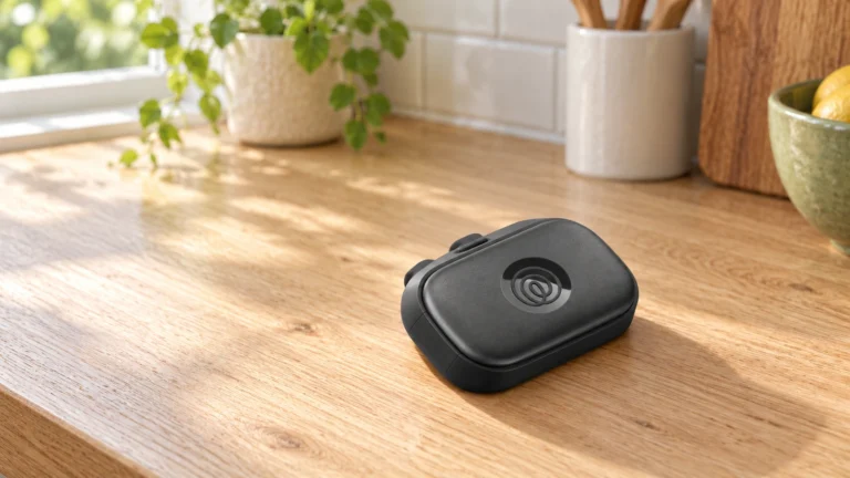 The black Life360 Pet GPS lying on a light oak kitchen counter in morning light