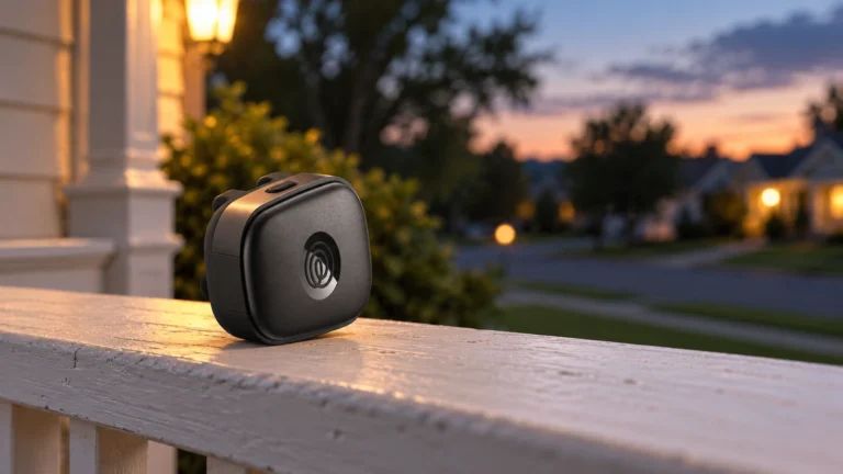 The black Life360 Pet GPS on a white porch railing at dusk
