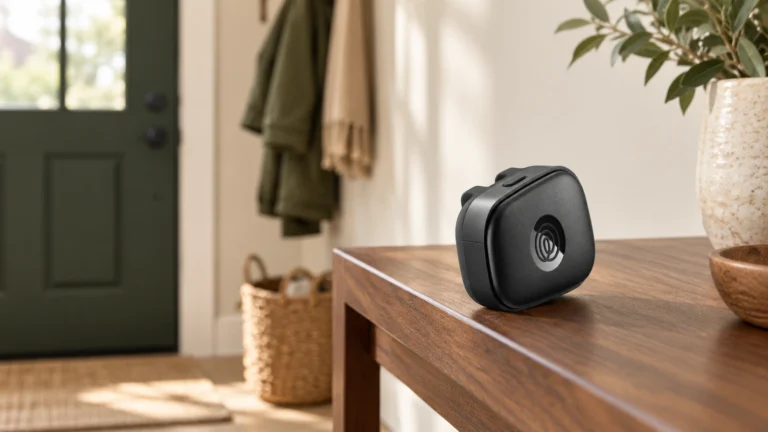 The black Life360 Pet GPS on a walnut hallway table by a green front door