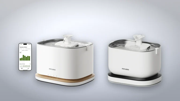PETLIBRO Dockstream 2 Smart Cordless with a walnut-tone base and app phone on the left, the original white Dockstream Cordless on the right