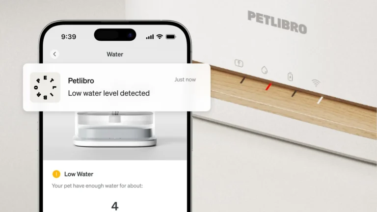 Phone showing a PETLIBRO app notification reading Low water level detected, next to the fountain's walnut-tone base and indicator icons