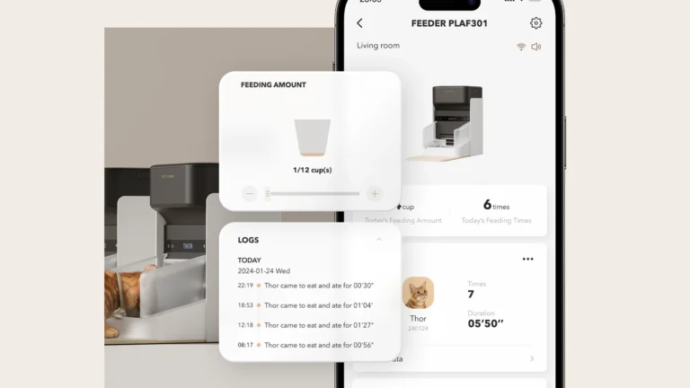PETLIBRO app screens for the PLAF301 feeder showing the feeding amount slider set to 1/12 cup, today's feeding count and a log of visits by a cat named Thor