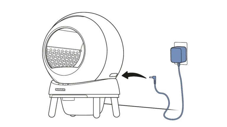 PetSafe manual drawing of the assembled SmartSpin next to its power adapter